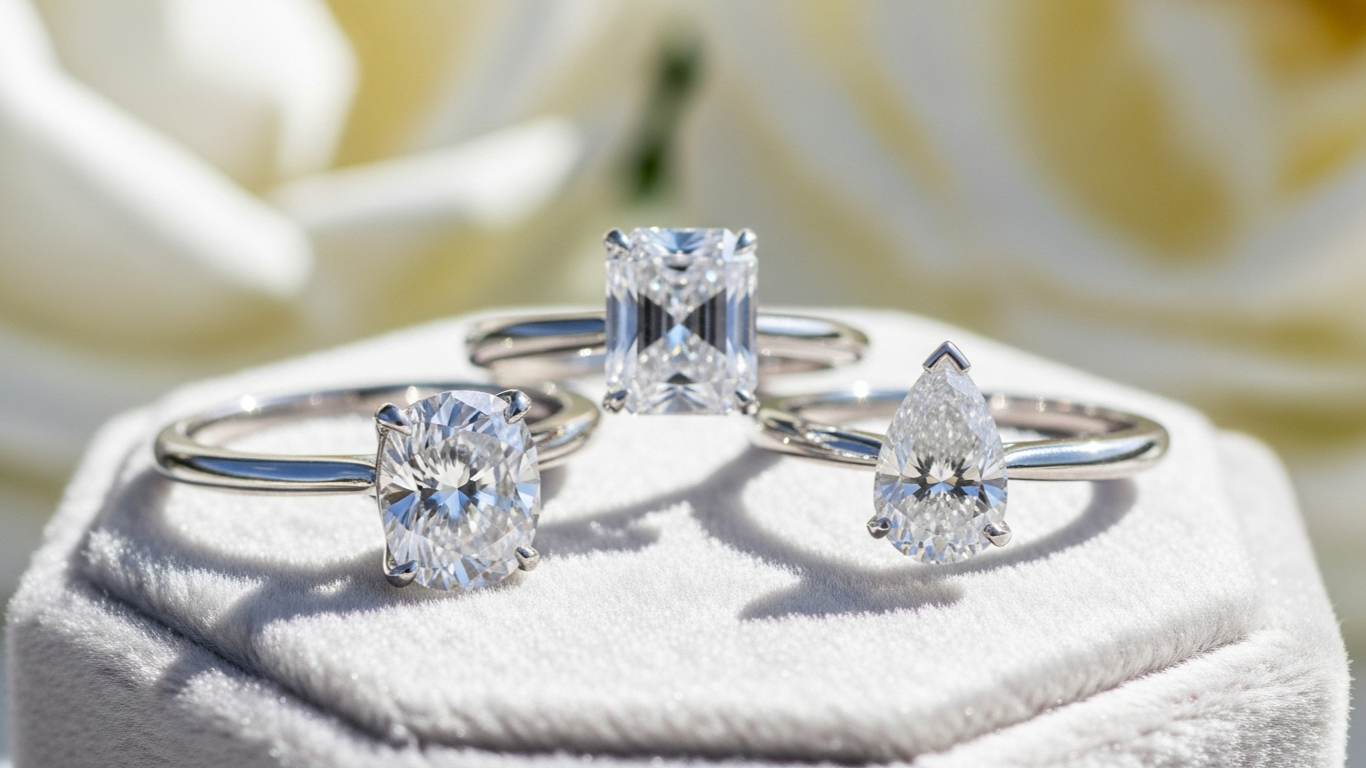 Three diamond rings on a white surface with a blurred floral background