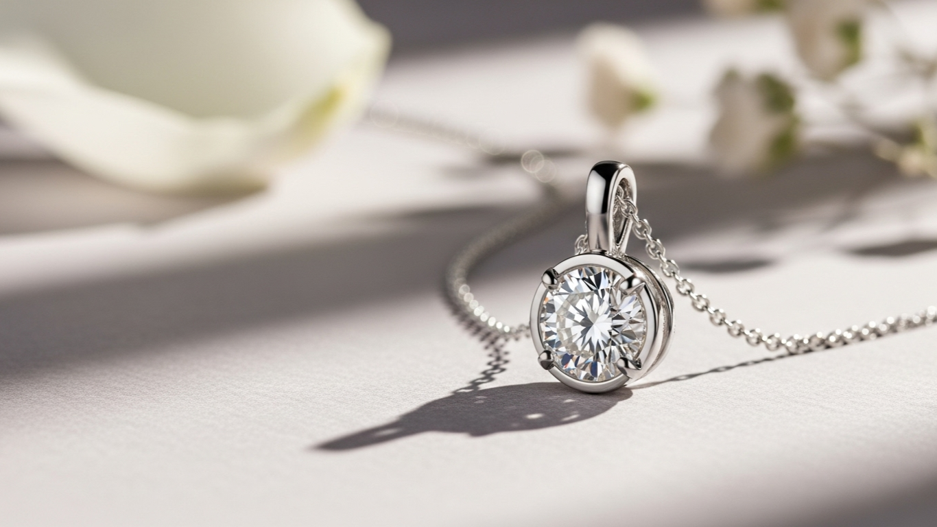 Silver diamond necklace on a light surface with flowers in the background